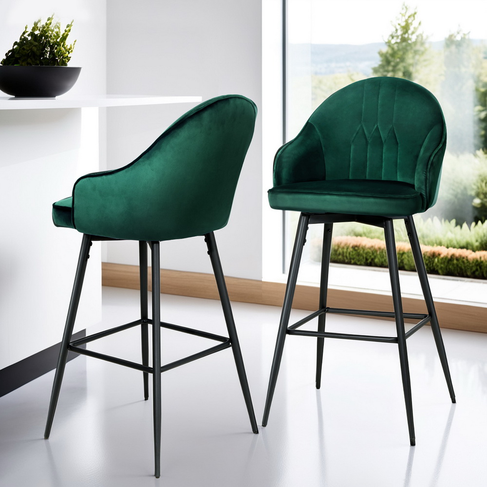 BA-K-9969-GNX4-206869-06 Artiss 4x Bar Stools Velvet Swivel Metal Legs Green - Image 1