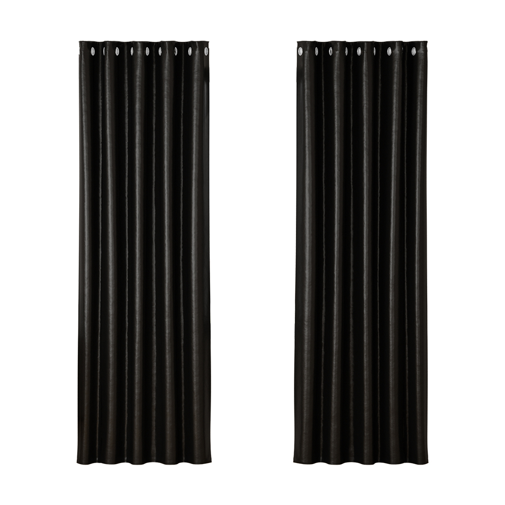 BC-SHINE-180X213-BK-00 Artiss 2X Blockout Curtains Eyelet 180x213cm Black Shine - Image 1