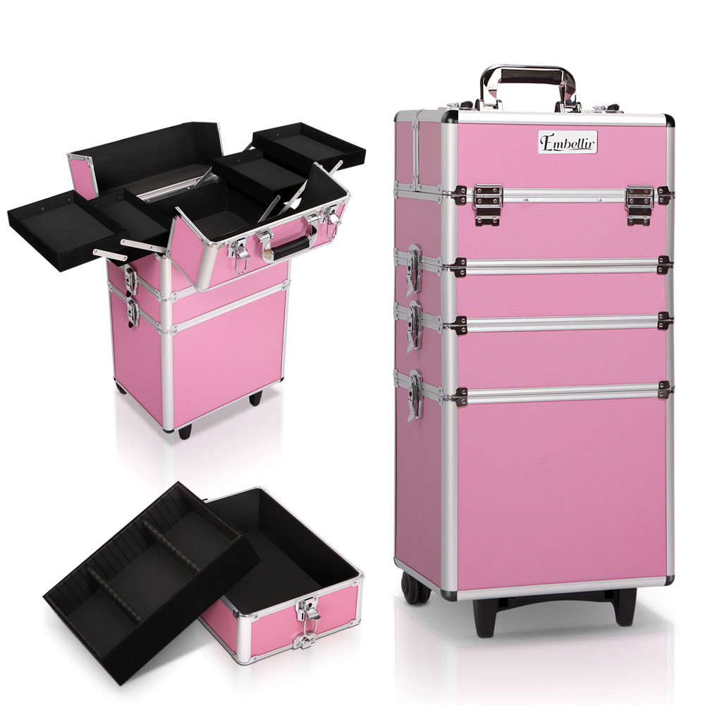 CASE-MU-4T-081-PI-00 Embellir Makeup Case Beauty Trolley Cosmetic Organiser Box Travel Wheels Pink - Image 1