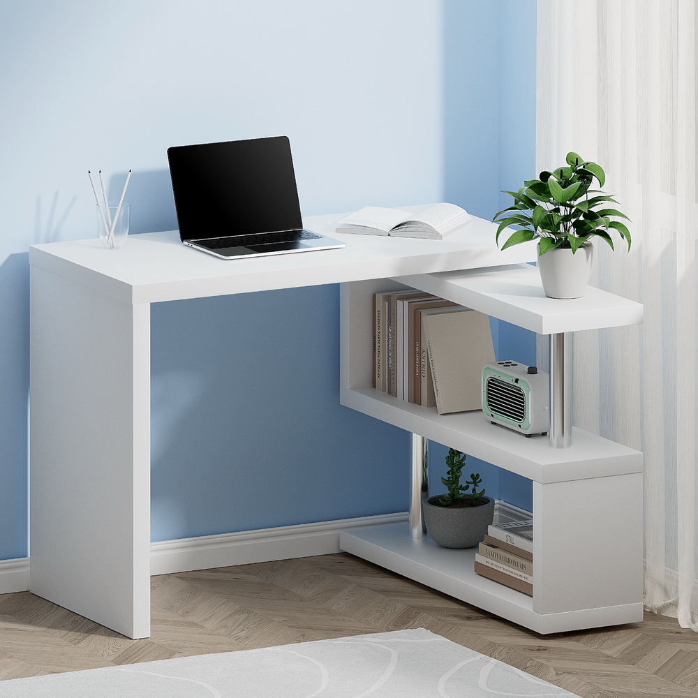 DESK-SWIVEL-352WH-AB-4064-07 Artiss Computer Desk L-Shape Bookshelf White - Image 1