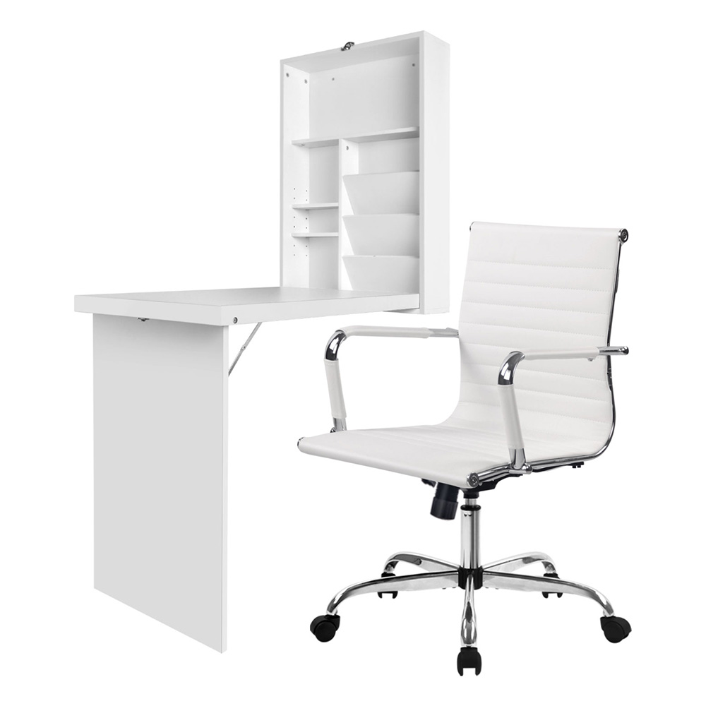 DESK-WALL-8147-WH-202505231804-00 Artiss Computer Desk Office Chair Set PU Leather Wall Mount Foldable Table White - Image 1