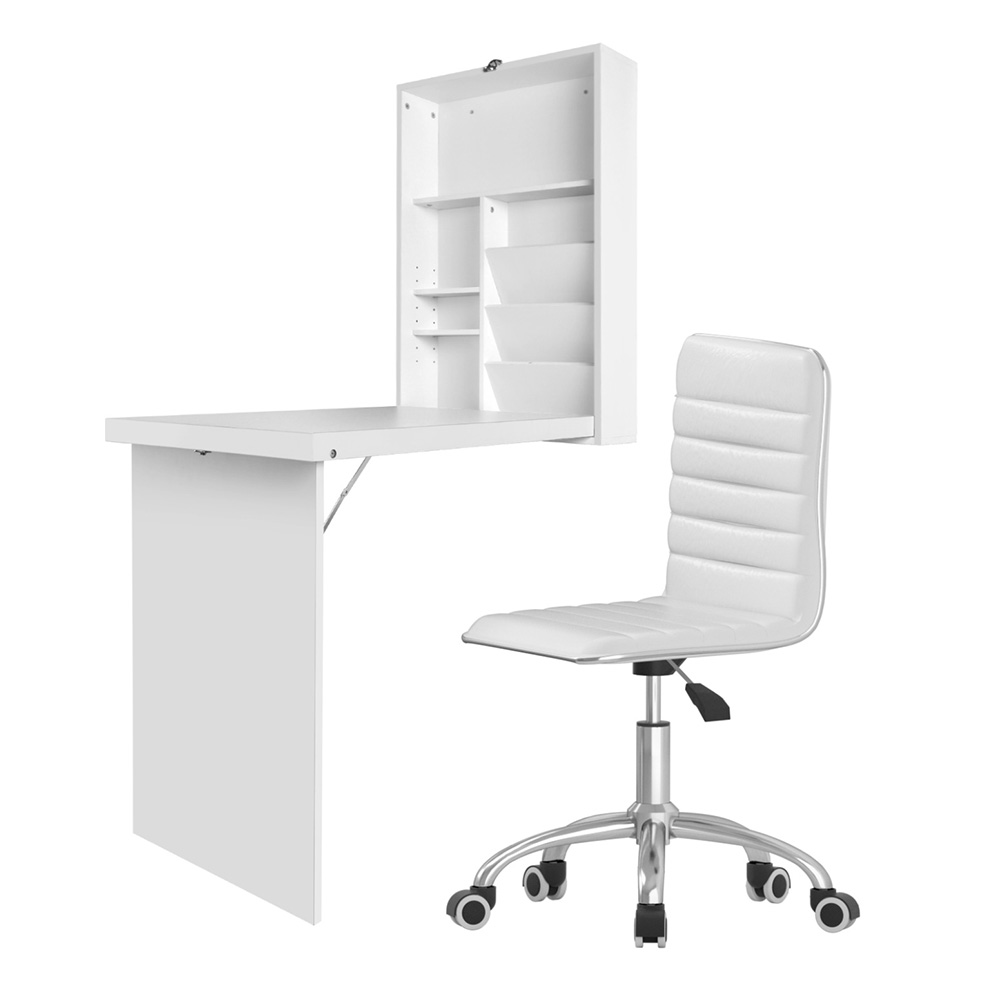 DESK-WALL-REPL-WH-202505261410-00 Artiss Computer Desk Office Chair Set PU Leather Wall Mount Foldable Table White - Image 1