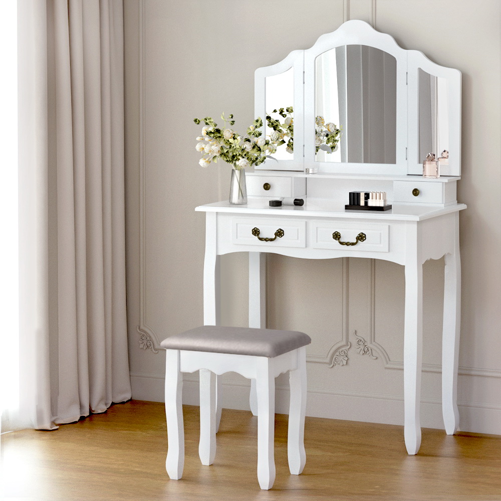 DRESS-C-3MIR-4D-WH-14597-08 Artiss Dressing Table Stool Set Foldable Mirror White - Image 1