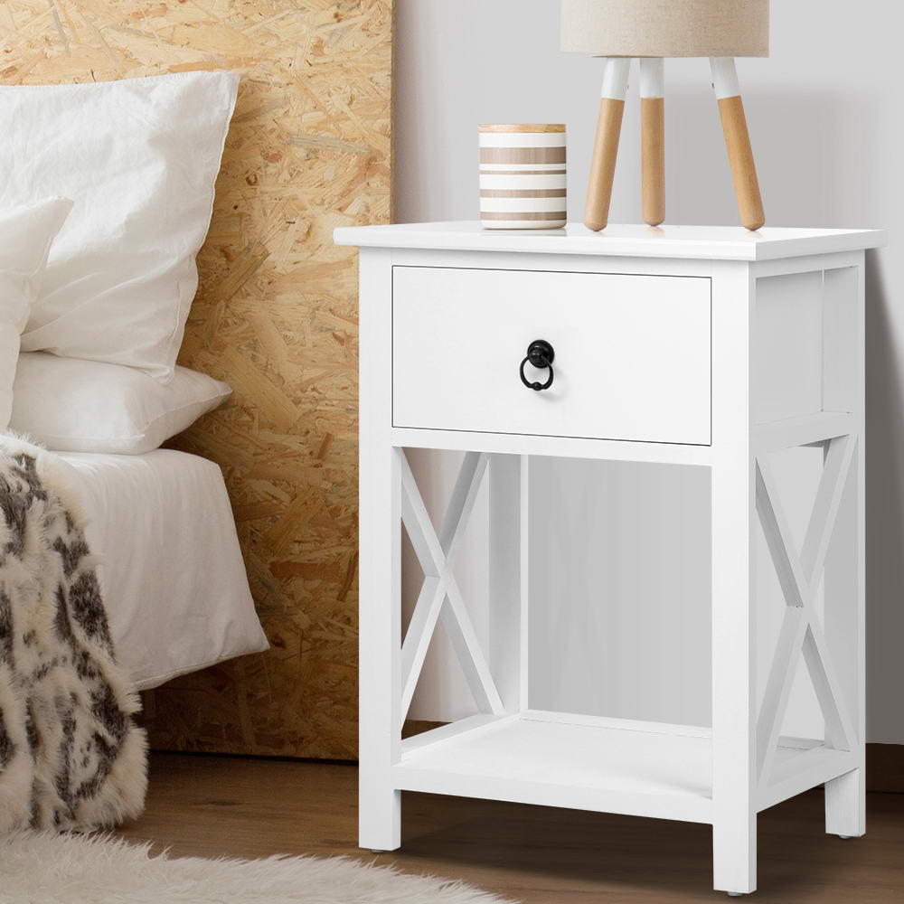 DRESS-D-BS-1DX2-202502281228-00 Artiss 2 X Bedside Table 1 Drawer with Shelf - EMMA White - Image 1