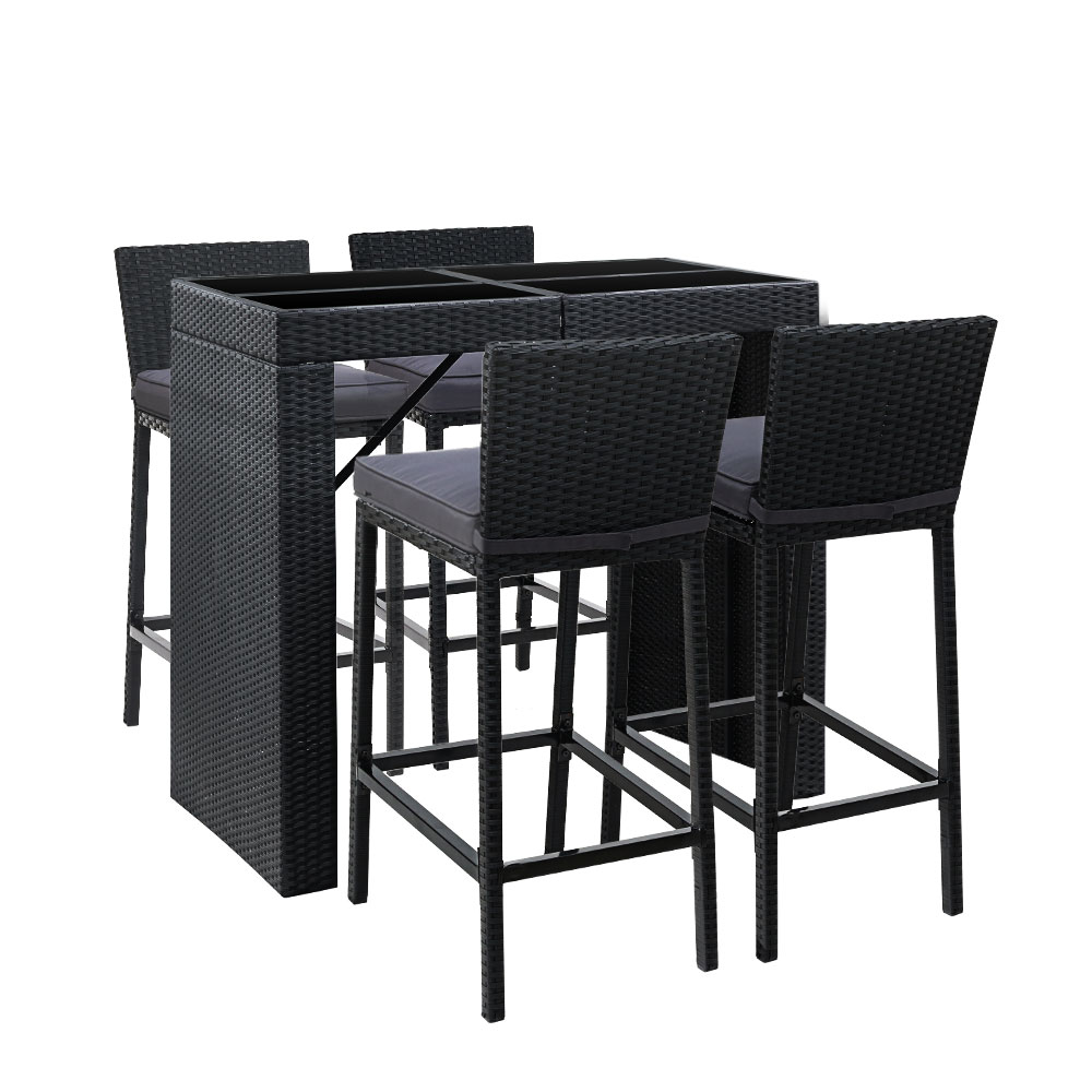 FF-BARSET-BACK-BK-5AB-18695-00 Gardeon 5-Piece Outdoor Bar Set Dining Table Stools Wicker Patio Setting - Image 1