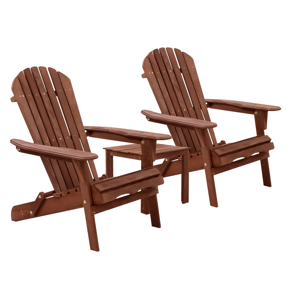 FF-BEACH-SET-3PC-NTLBR-00 Gardeon 3PC Adirondack Outdoor Table and Chairs Wooden Foldable Beach Chair Brown - Image 1
