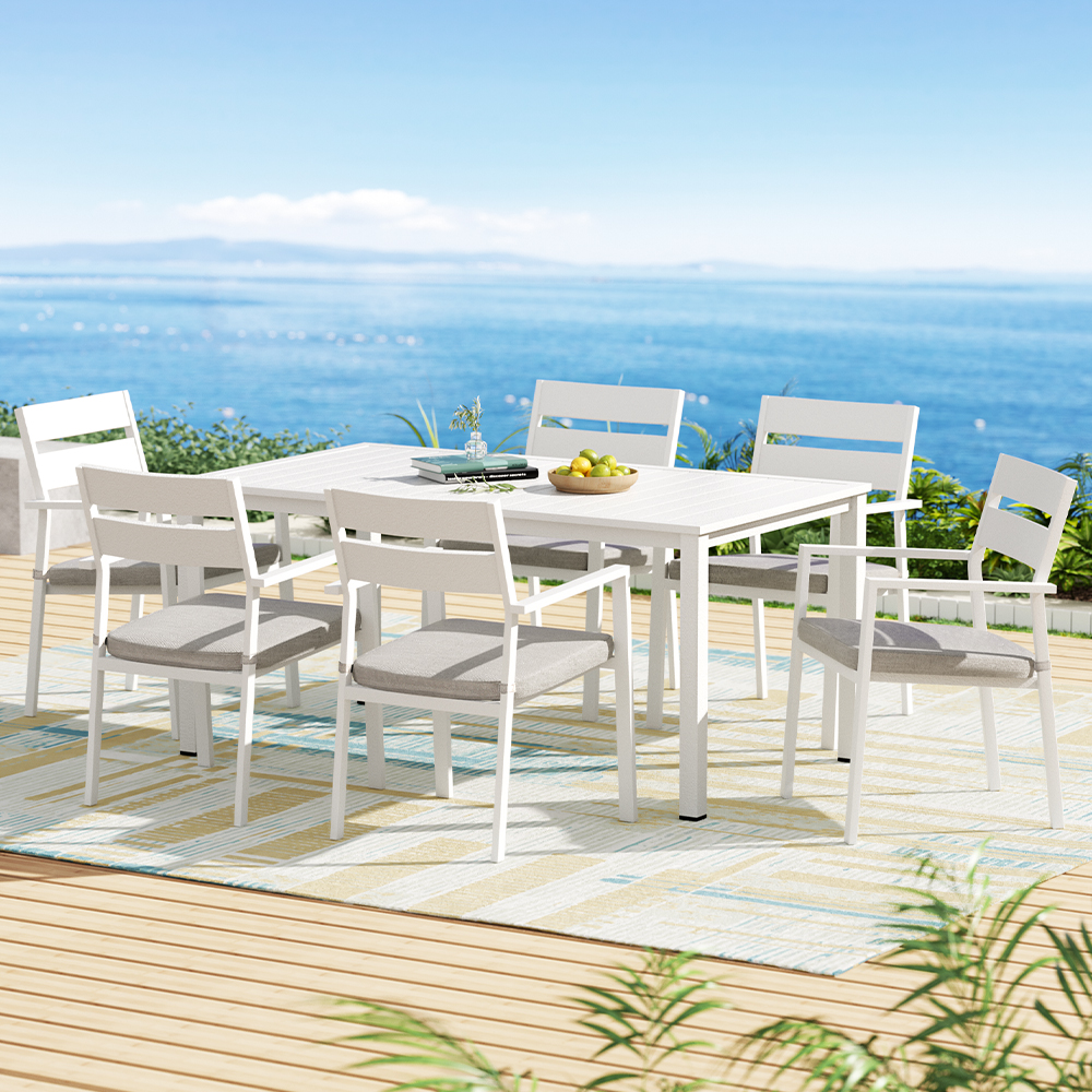 FF-DINING-7CLS-WH-AB-94853-03 Gardeon Outdoor Dining Set 7 Piece Aluminum Table Chairs Setting White - Image 1