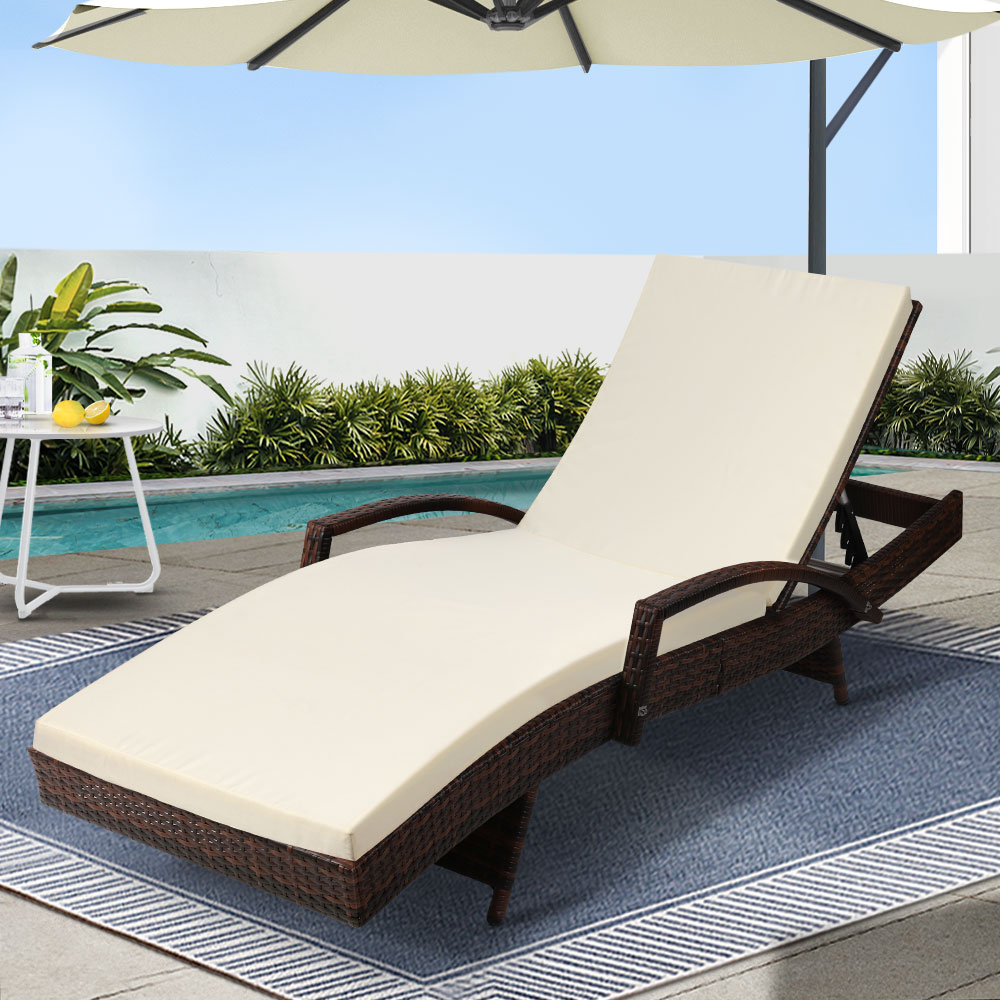 FF-LOUNGE-ARM-BR-202502281638-00 Gardeon Sun Lounge Wicker Lounger Outdoor Furniture Beach Chair Patio Adjustable Cushion Brown - Image 1