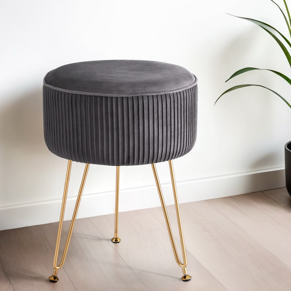 FS-B-02-VEL-GY-200446-06 Artiss Ottoman Foot Stool Vanity Velvet Round Grey - Image 1