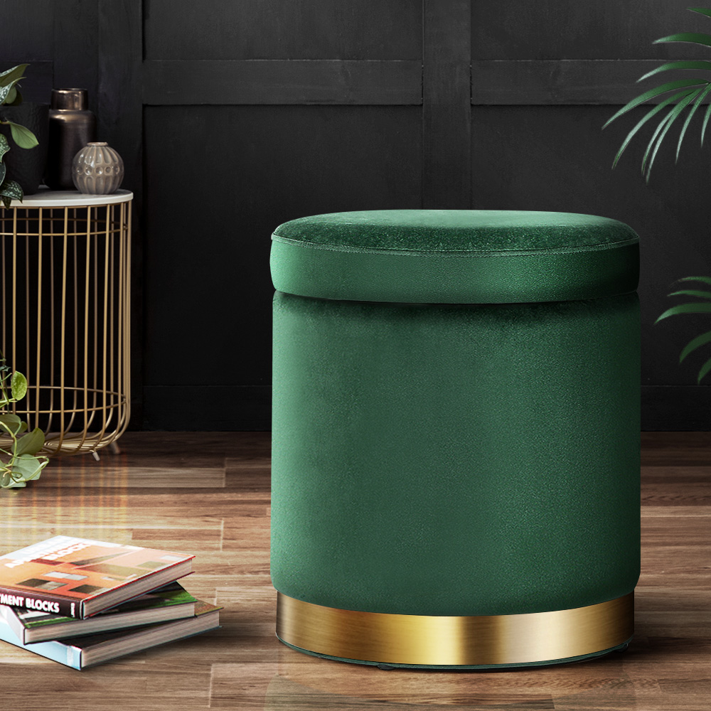 FS-B-673-VEL-GN-202502281254-00 Artiss Ottoman Storage Foot Stool Round Velvet Green - Image 1