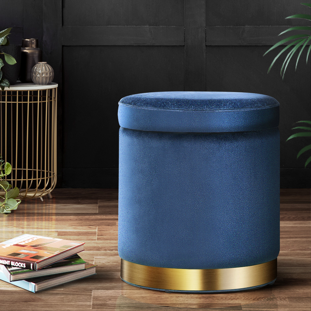 FS-B-673-VEL-NA-202502281254-00 Artiss Ottoman Storage Foot Stool Round Velvet Navy - Image 1