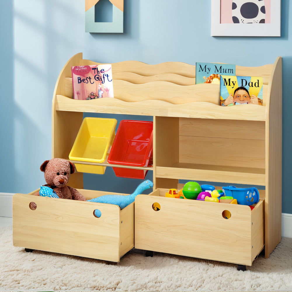 FUNKI-K-TO-3058-B-NT-61528-06 Keezi 3 Tiers Kids Bookshelf Storage Children Bookcase Toy Box Organiser Display - Image 1