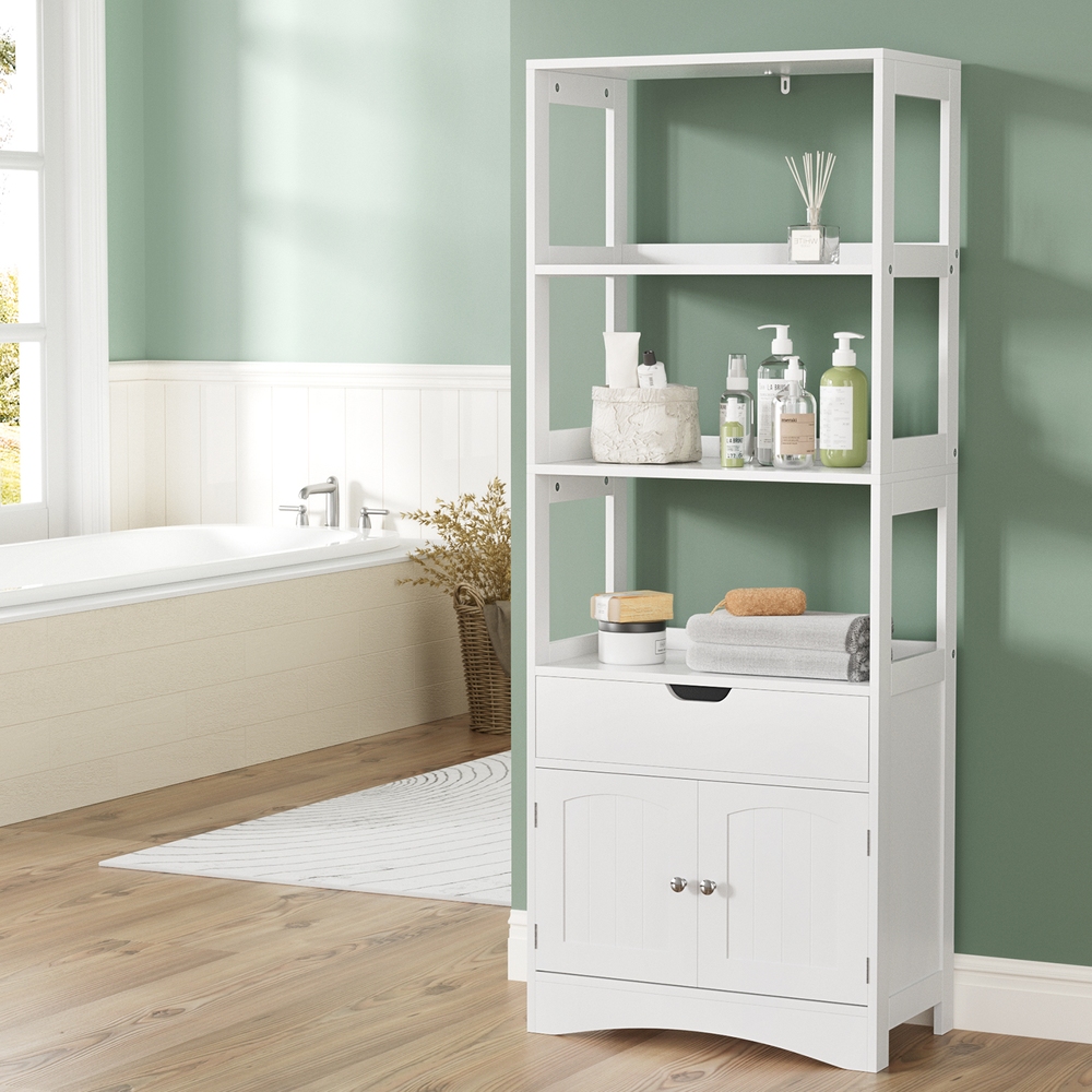 FUR-S-BATH-SHF01-WH-189896-04 Artiss Bathroom Floor Storage Cabinet with 2 Drawers 3 Open Shelves 2 Doors White - Image 1