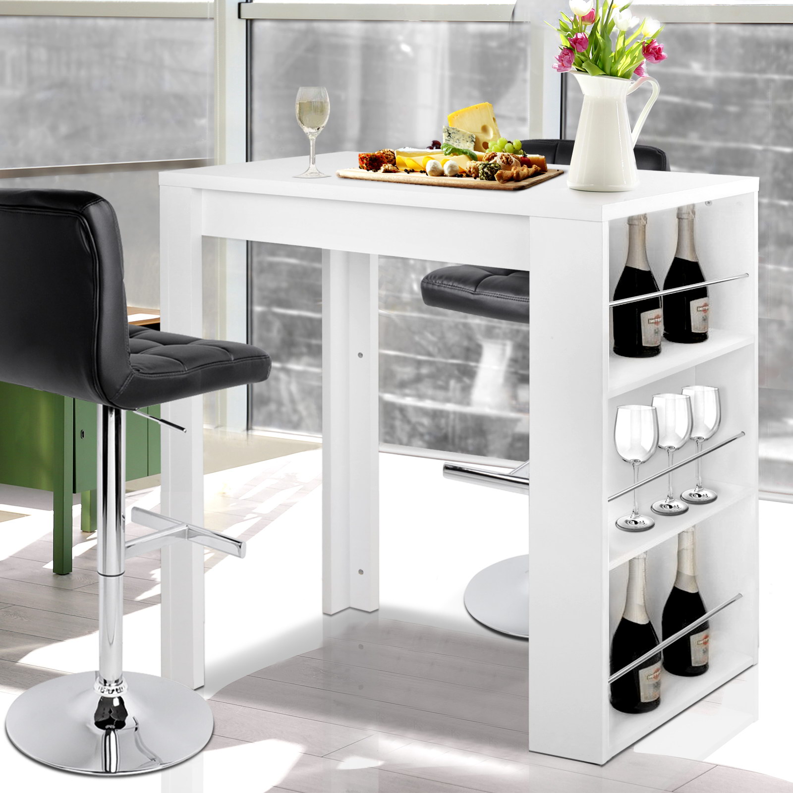 FURNI-BAR-TAB-WH-9514-08 Artiss Bar Table 3-tier Storage Shelves White - Image 1