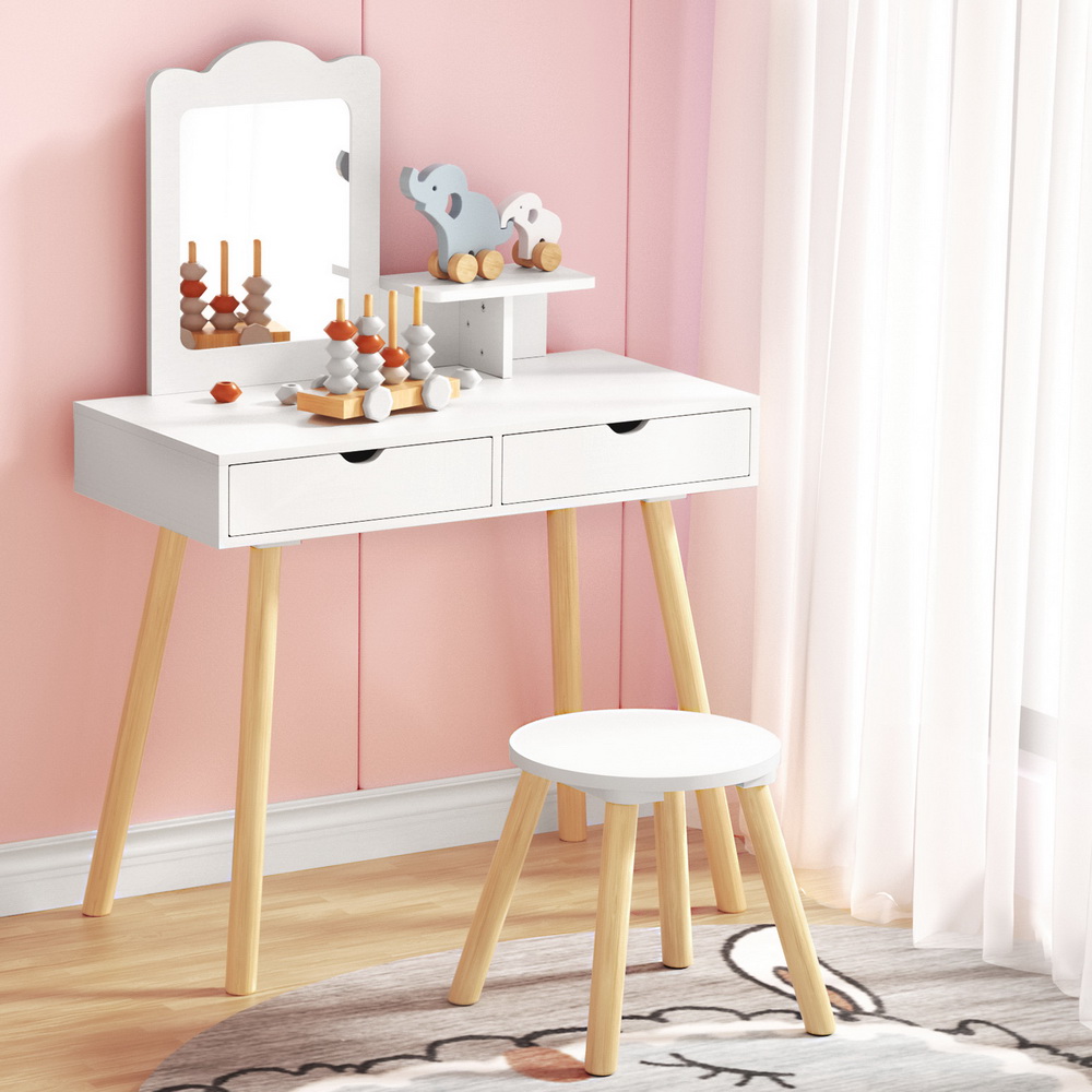 FURNI-C-SQUARE-WH-198141-04 Keezi Kids Dressing Table Vanity Makeup Chair Set with Mirror Drawers Wooden Legs - Image 1