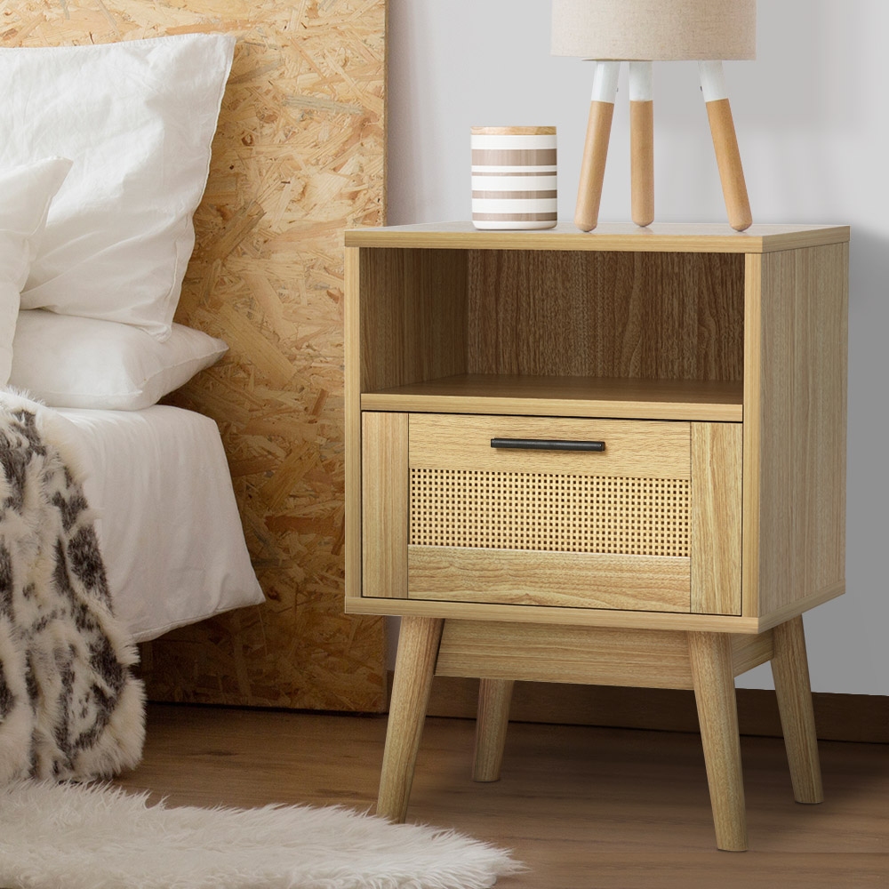 FURNI-G-BS-RAT-01-WD-202502281230-00 Artiss Rattan Bedside Table 1 Drawer with Shelf - REI Oak - Image 1
