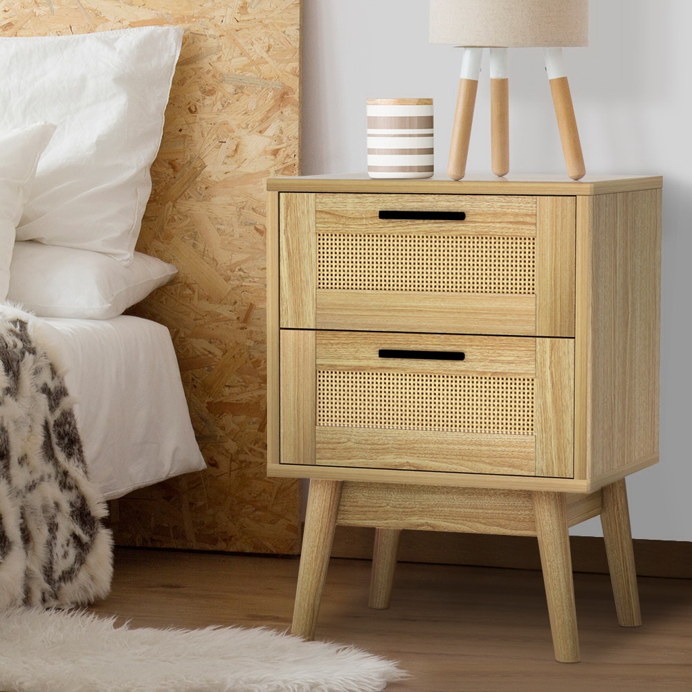 FURNI-G-BS-RAT-02-WD-202502281230-00 Artiss Rattan Bedside Table 2 Drawers Wood - RIE Oak - Image 1