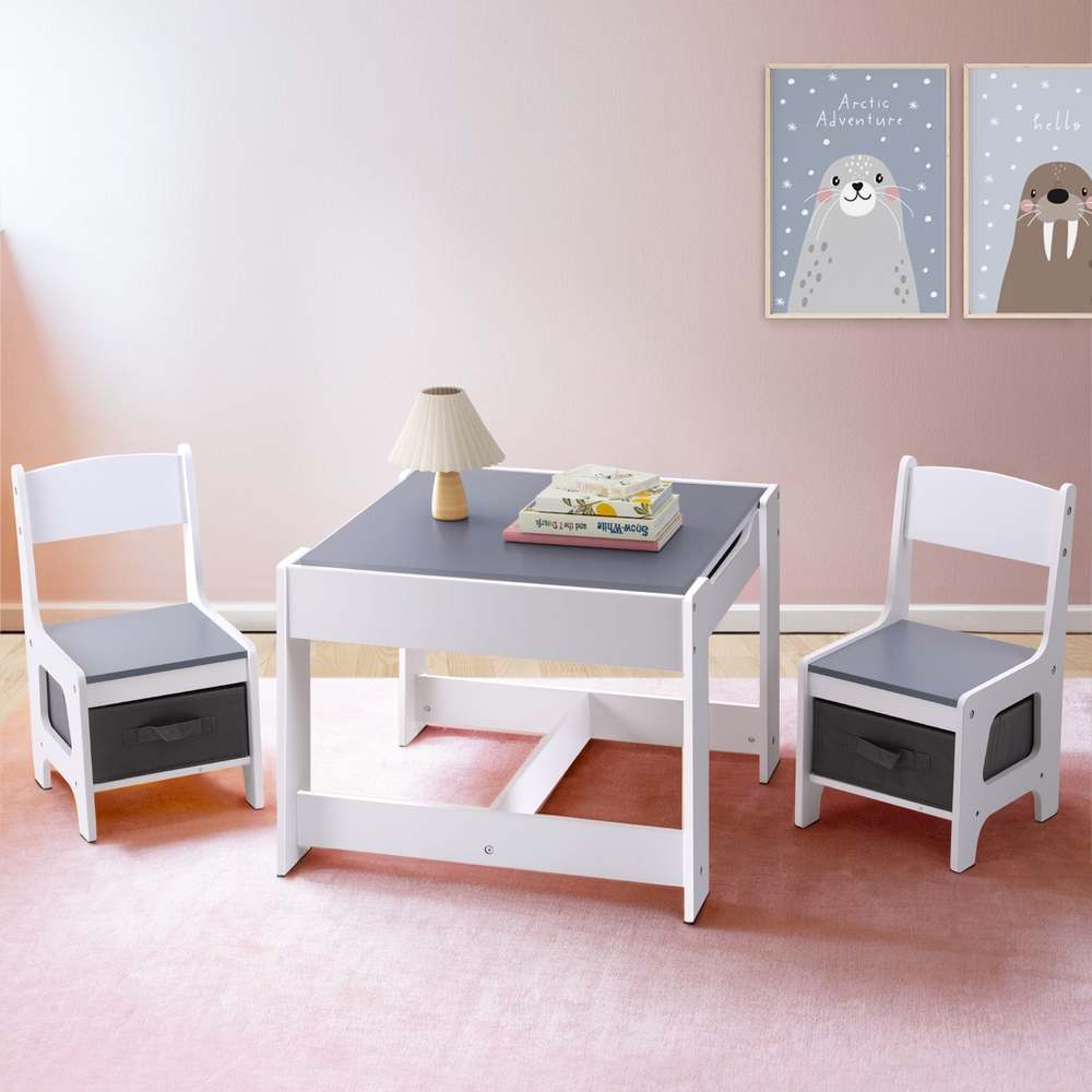 FURNI-G-KTC-WH-GY-191753-04 Keezi Kids Table and Chairs Set Play Activity Toys Storage Chalkboard Desk Grey - Image 1