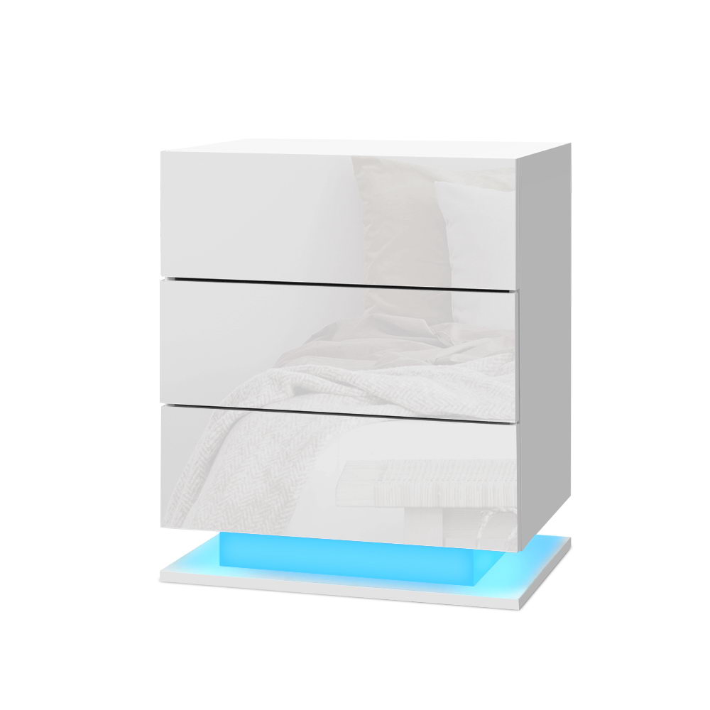 FURNI-O-LED-BS-02-WH-202502281234-07 Artiss Bedside Table LED 3 Drawers - MORI White - Image 1
