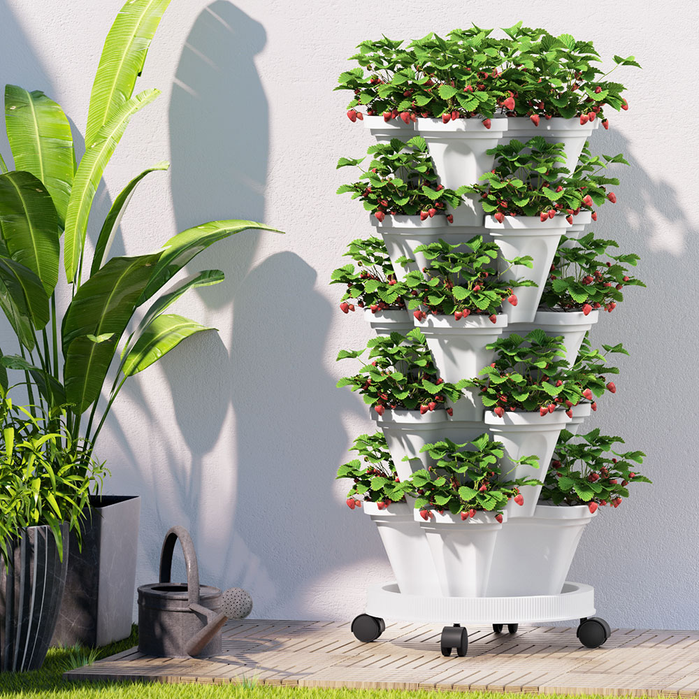 GARDEN-PLASTIC-25L-WH-186684-06 Green Fingers Garden Bed 5 Tier Vertical Garden Strawberry Stackable Planters Herbs Petunias - Image 1