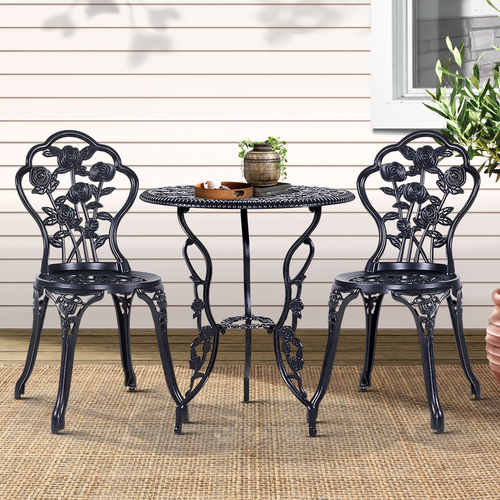 GB-CALU-3PC-XG1015-BK-202502281612-00 Gardeon 3PC Outdoor Setting Bistro Set Chairs Table Cast Aluminum Rose Black - Image 1