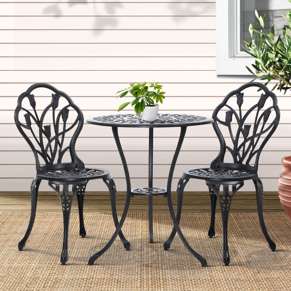 GB-CALU-3PC-XG1018-BK-202502281612-00 Gardeon 3PC Outdoor Setting Bistro Set Chairs Table Cast Aluminum Patio Furniture Tulip Black - Image 1
