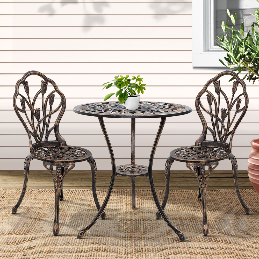 GB-CALU-3PC-XG1018-BZ-202502281612-00 Gardeon 3PC Outdoor Setting Bistro Set Chairs Table Cast Aluminum Patio Furniture Tulip Bronze - Image 1