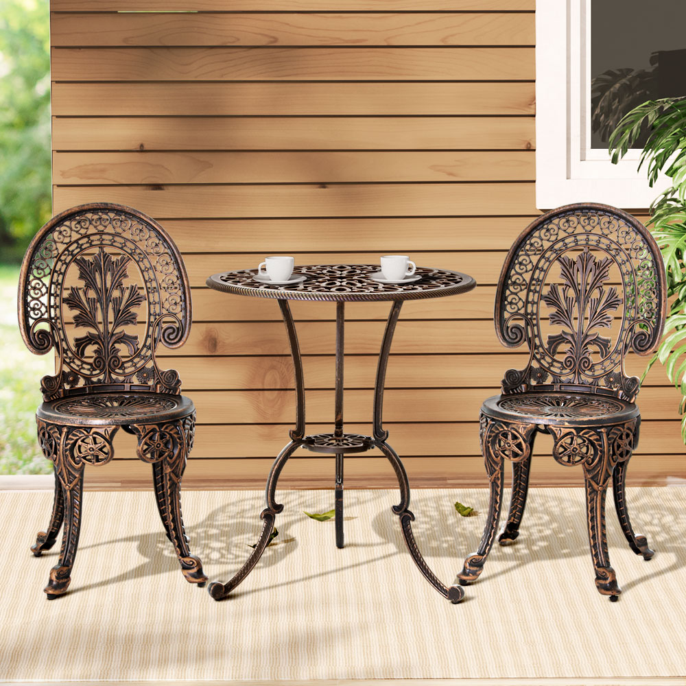 GB-CALU-3PC-XG1802-BZ-139262-06 Gardeon 3PC Patio Furniture Outdoor Bistro Set Dining Chairs Aluminium Bronze - Image 1