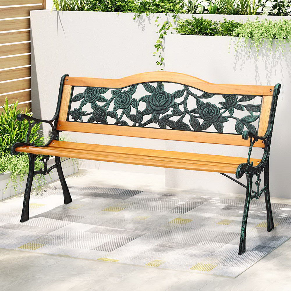 GB-IR-WOOD-NTL-205786-06 Gardeon Outdoor Garden Bench Seat 126cm Wooden Cast Iron 3 Seater Patio Furniture - Image 1