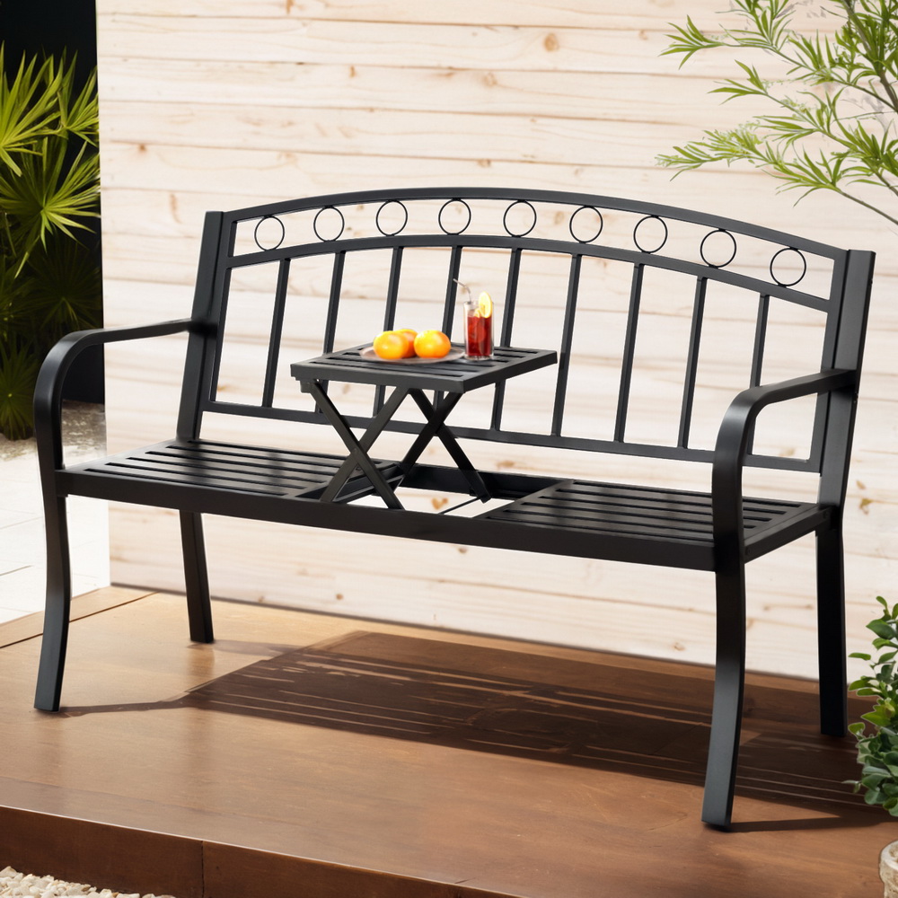 GB-STEEL-TABLE-C-BK-205785-06 Gardeon Outdoor Garden Bench Seat Loveseat Steel Foldable Table Patio Furniture Black - Image 1