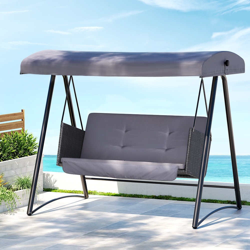 GSC-BST-RAN-3S-GR-89820-05 Gardeon Outdoor Swing Chair Garden Bench Furniture Canopy 3 Seater Rattan Grey - Image 1