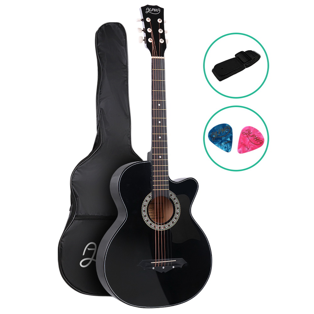 GUITAR-D-38-BK-00 Alpha 38 Inch Acoustic Guitar Wooden Body Steel String Full Size Cutaway Black - Image 1