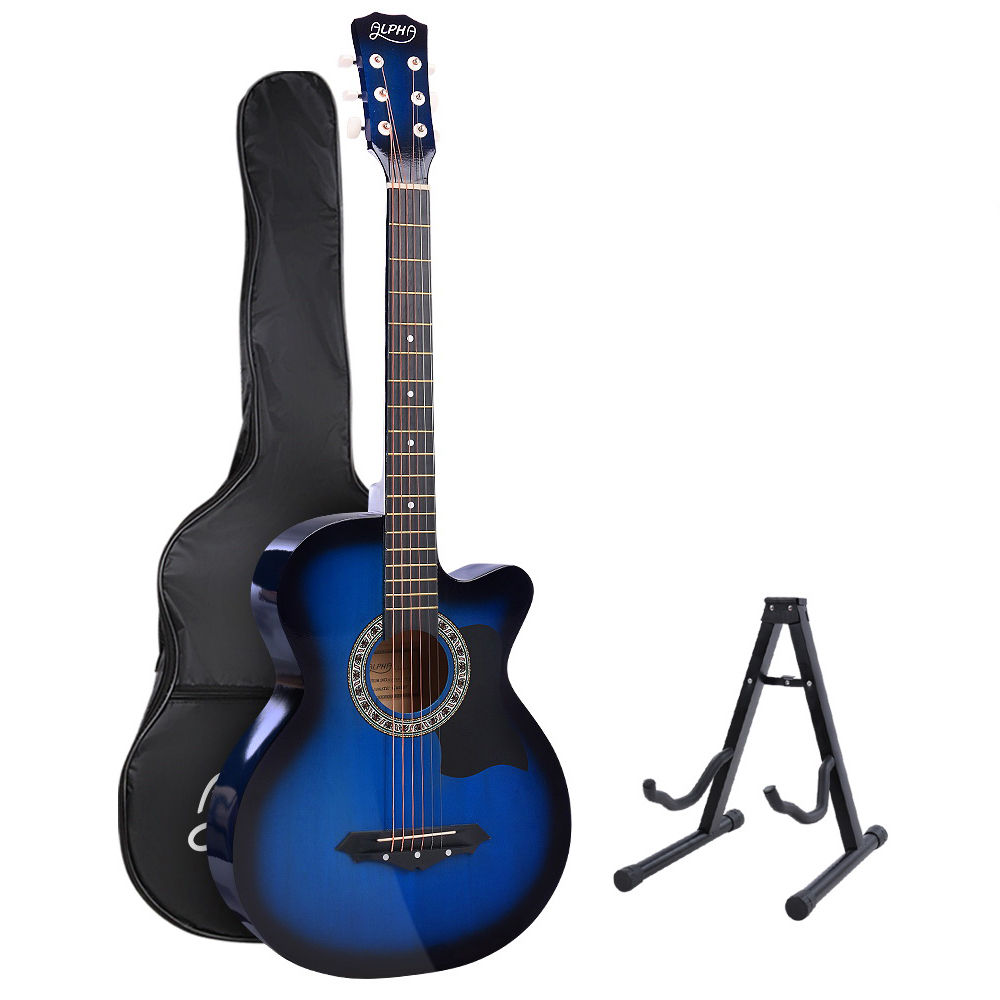 GUITAR-D-38-BLS-CAPO-17075-00 Alpha 38 Inch Acoustic Guitar Wooden Body Steel String Full Size w/ Stand Blue - Image 1