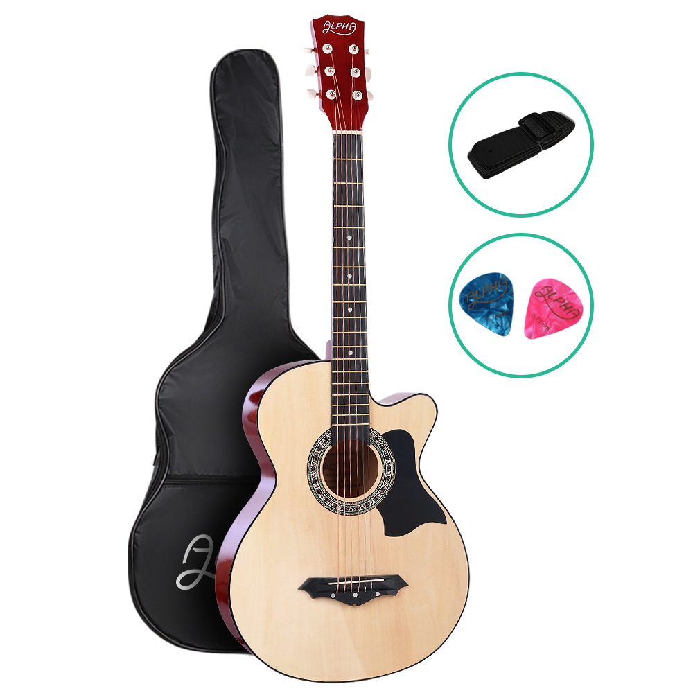 GUITAR-D-38-NAT-00 Alpha 38 Inch Acoustic Guitar Wooden Body Steel String Full Size Cutaway Wood - Image 1