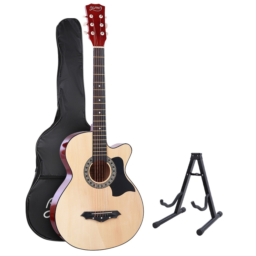 GUITAR-D-38-NAT-CAPO-17074-00 Alpha 38 Inch Acoustic Guitar Wooden Body Steel String Full Size w/ Stand Wood - Image 1
