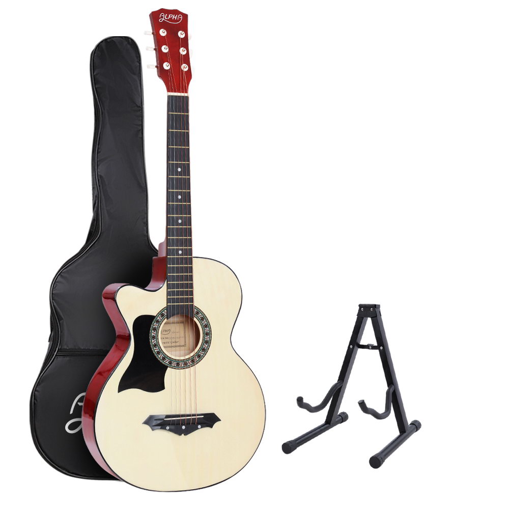 GUITAR-D-38-NAT-LF-CAPO-17076-00 Alpha 38 Inch Acoustic Guitar Wooden Body Steel String w/ Stand Left Handed - Image 1