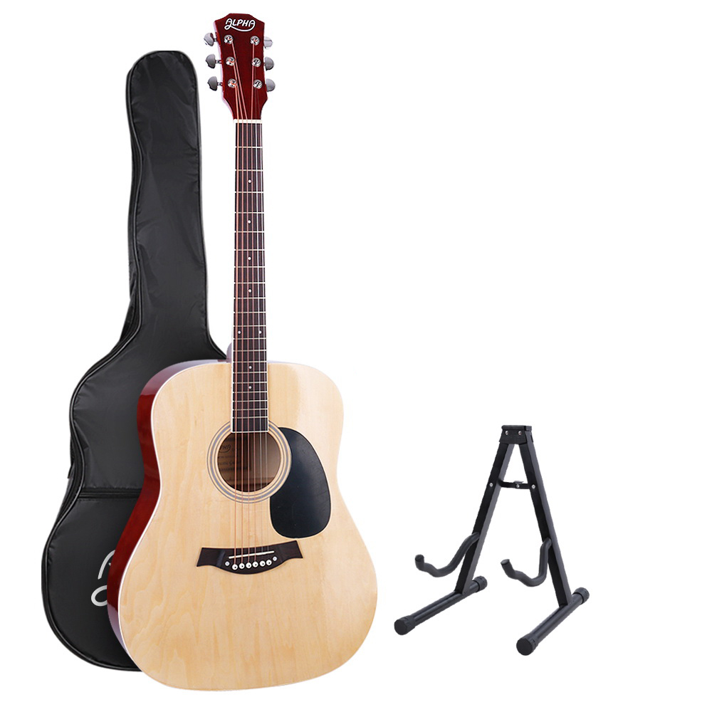 GUITAR-D-41-NAT-CAPO-17078-00 Alpha 41 Inch Acoustic Guitar Wooden Body Steel String Dreadnought Stand Wood - Image 1