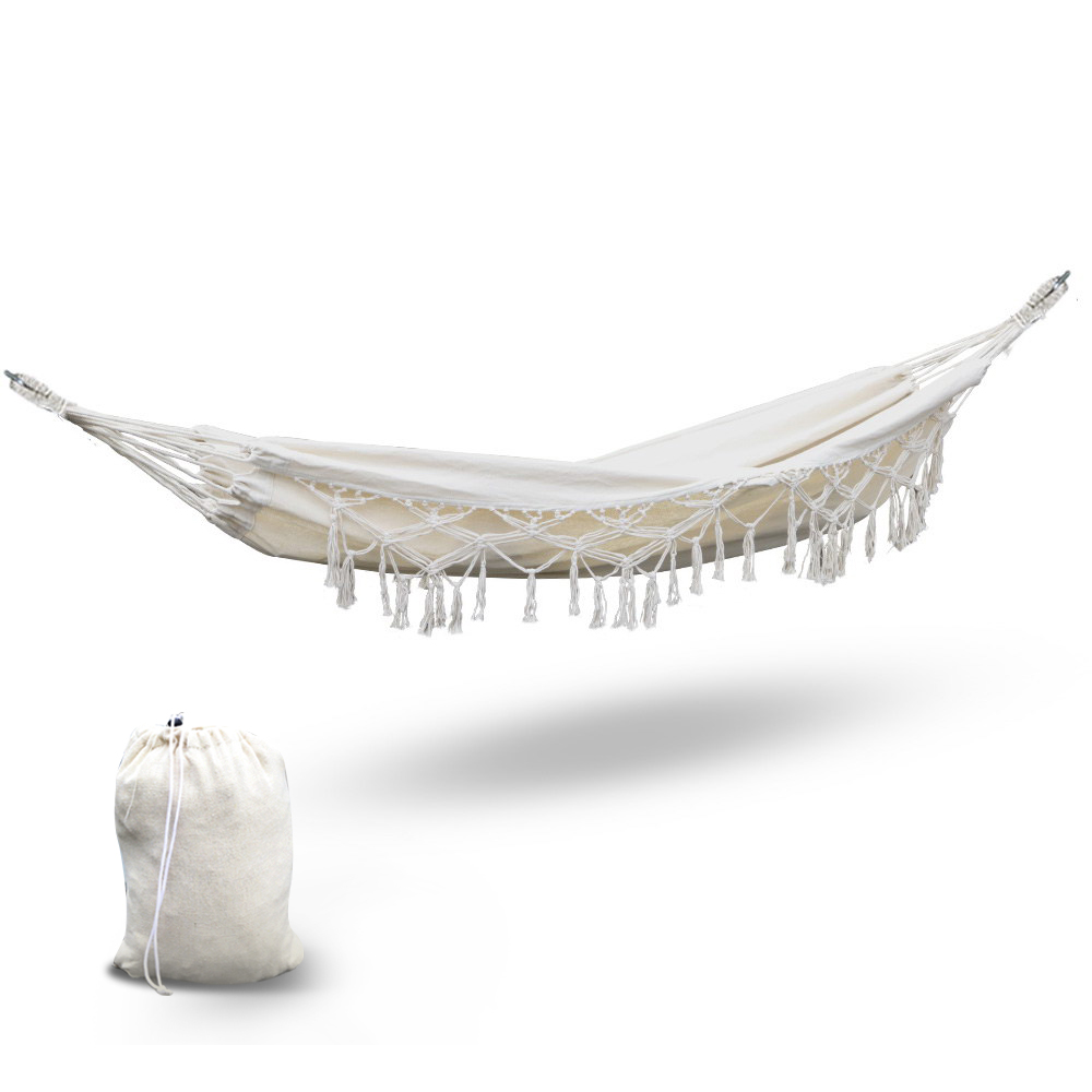 HM-BED-TASSEL-COT-CR-00 Gardeon Hammock Bed Rope Tassel Outdoor Hammocks Chair Camping - Image 1
