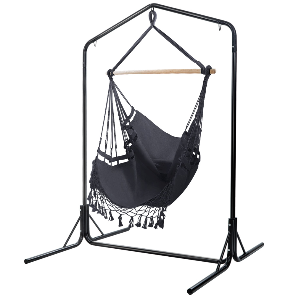 HM-CHAIR-TASSEL-GREY-U-00 Gardeon Outdoor Hammock Chair with Stand Tassel Hanging Rope Hammocks Grey - Image 1