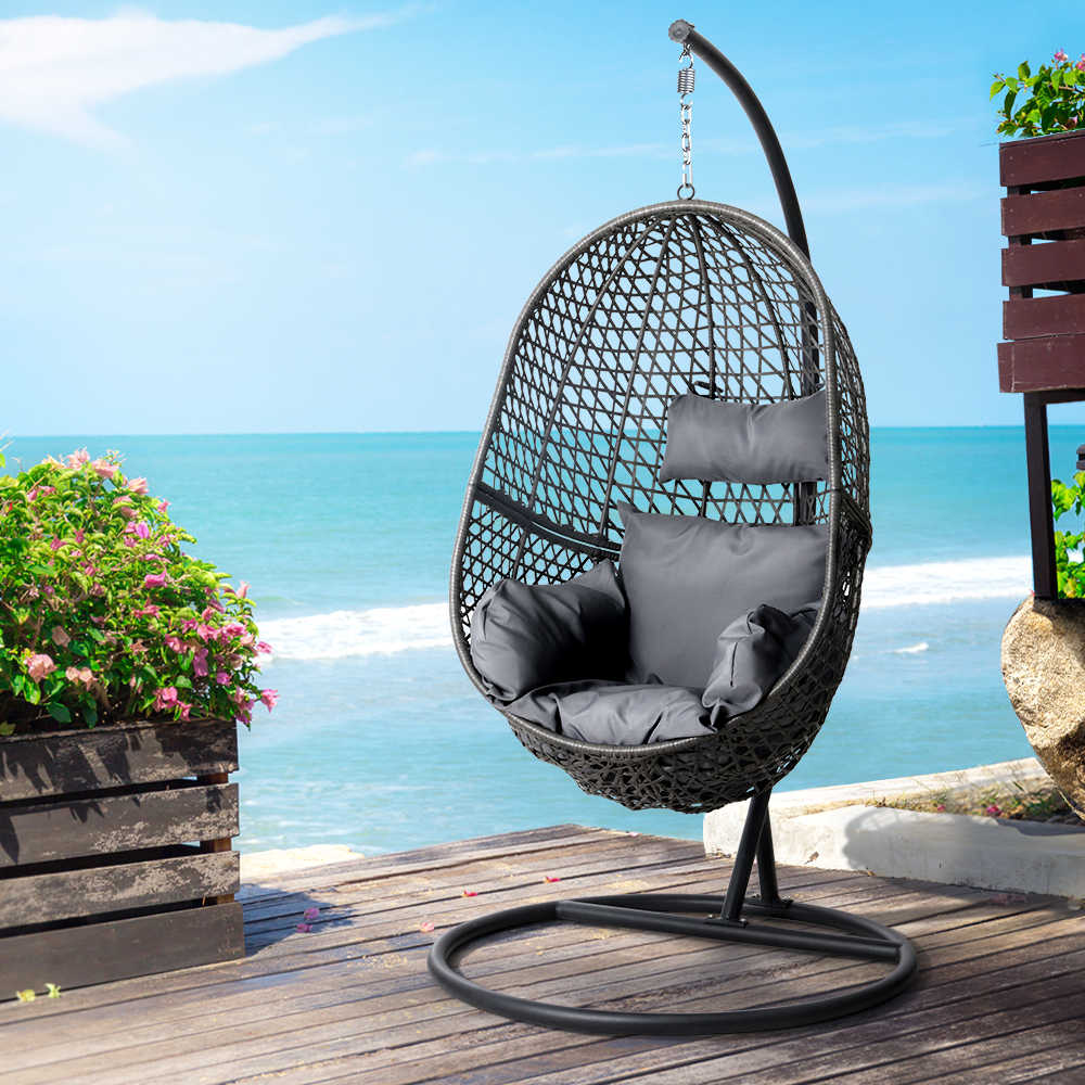 HM-EGG-J-SELIPS-S-BK-AB-202502281544-00 Gardeon Outdoor Egg Swing Chair Wicker Rattan Furniture Pod Stand Cushion Black - Image 1