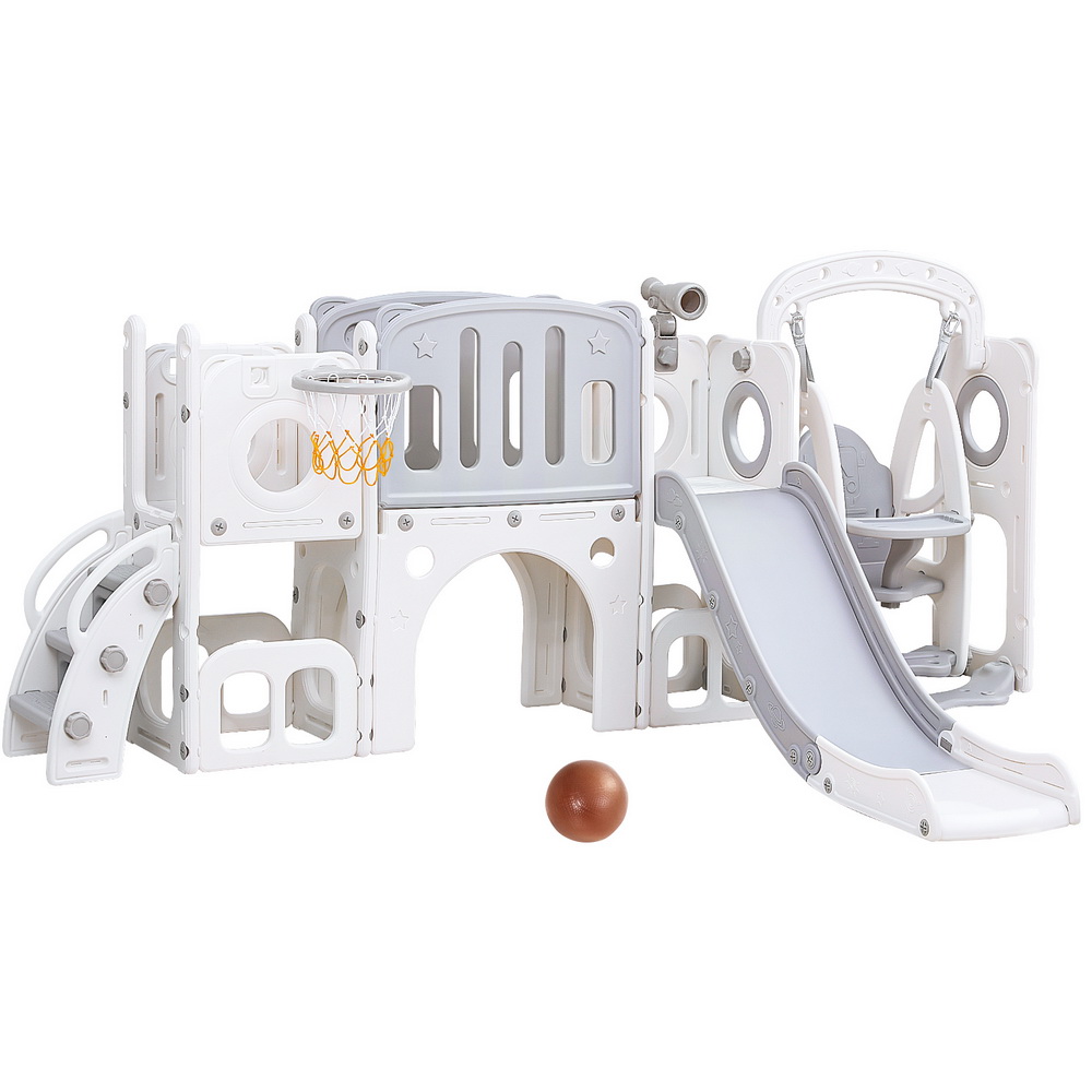 KPS-SLIDE-1125-4IN1-GR-202505301000-00 Keezi Kids Slide Swing Set Basketball Hoop Ring Football Outdoor Toys 132cm grey - Image 1