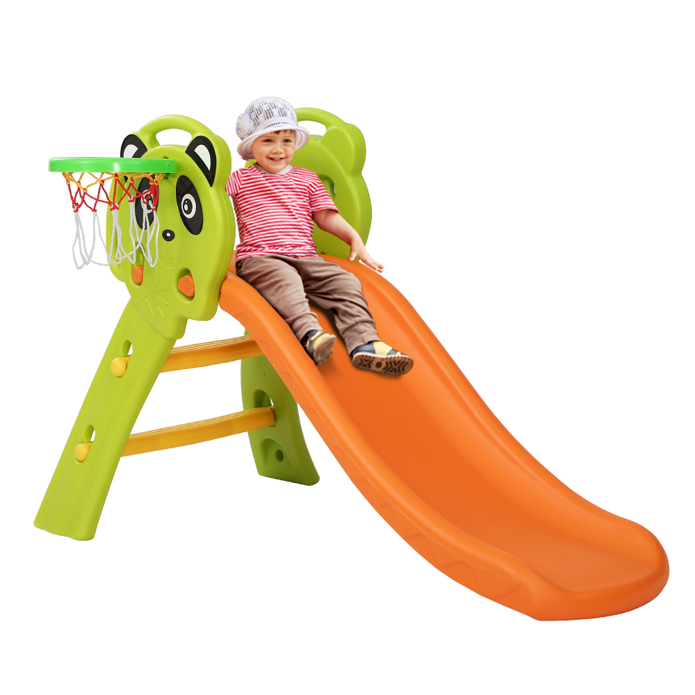 KPS-SLIDE-PANDA-OG-00 Keezi Kids Slide Set Basketball Hoop Indoor Outdoor Playground Toys 100cm Orange - Image 1