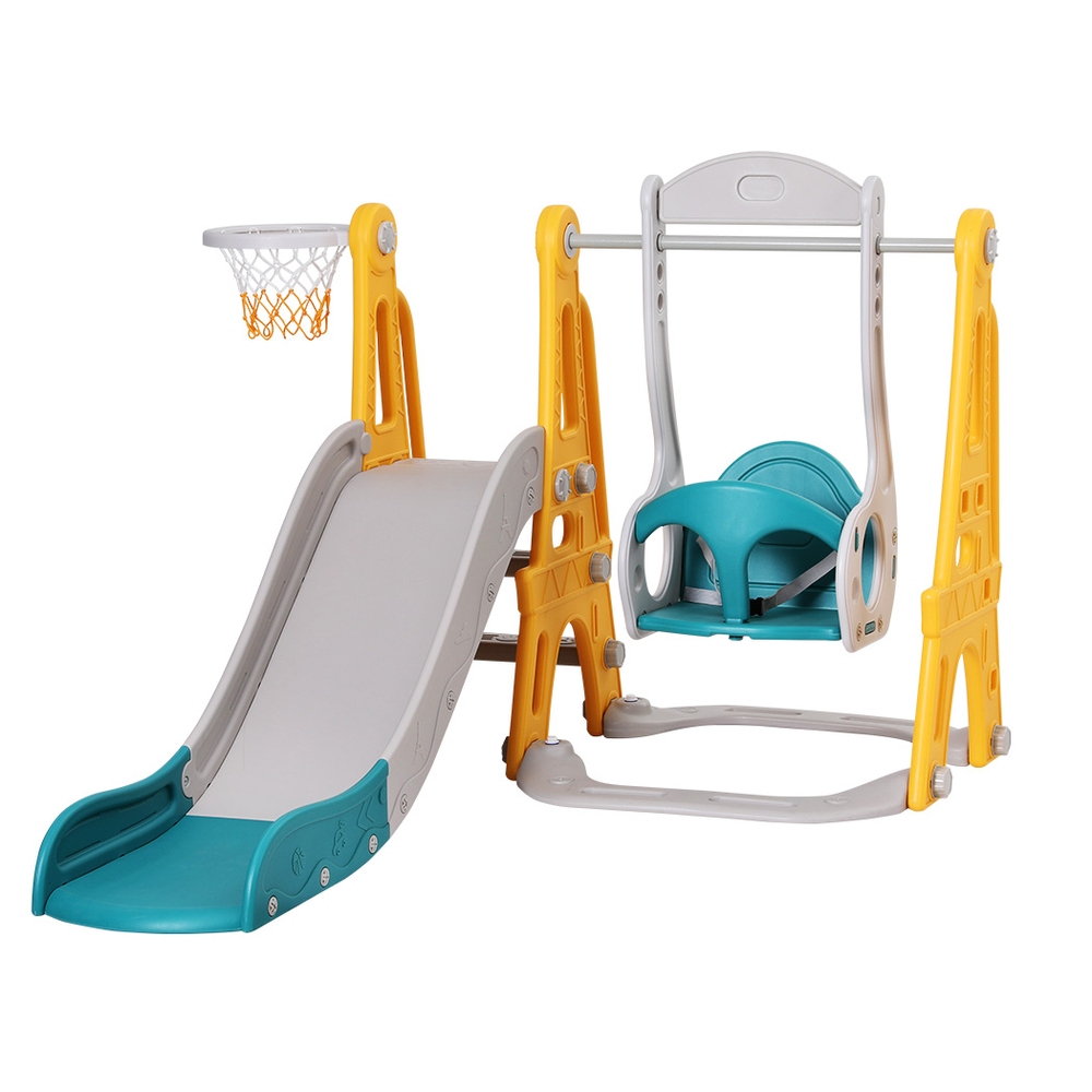 KPS-SLIDE-SWING-YE-174943-00 Keezi Kids Slide Swing Set Basketball Outdoor Toys Adjustable Height 140cm Green - Image 1