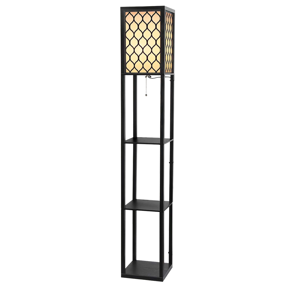LAMP-FLOOR-SF-3017-B-BK-00 Artiss Floor Lamp 3 Tier Shelf Storage LED Light Stand Home Room Pattern Black - Image 1