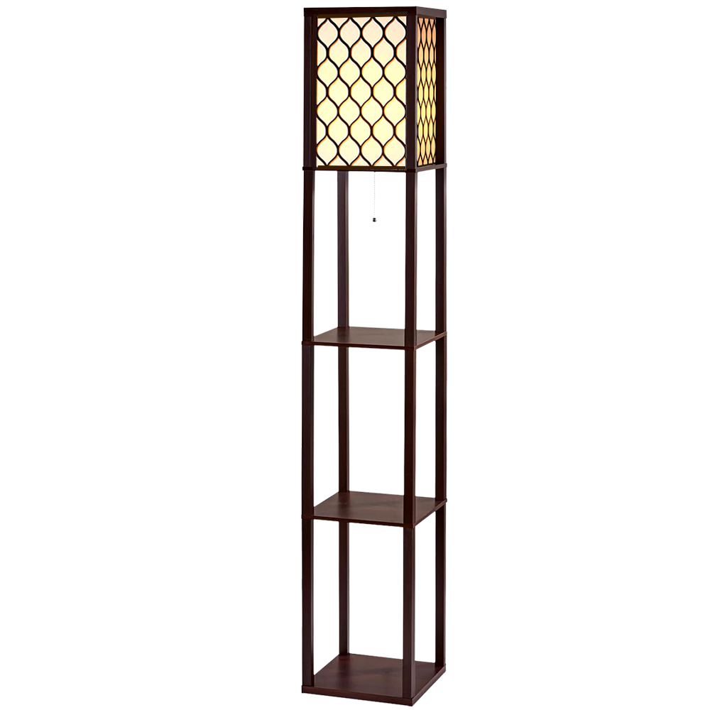 LAMP-FLOOR-SF-3017-B-BR-00 Artiss Floor Lamp 3 Tier Shelf Storage LED Light Stand Home Room Pattern Brown - Image 1