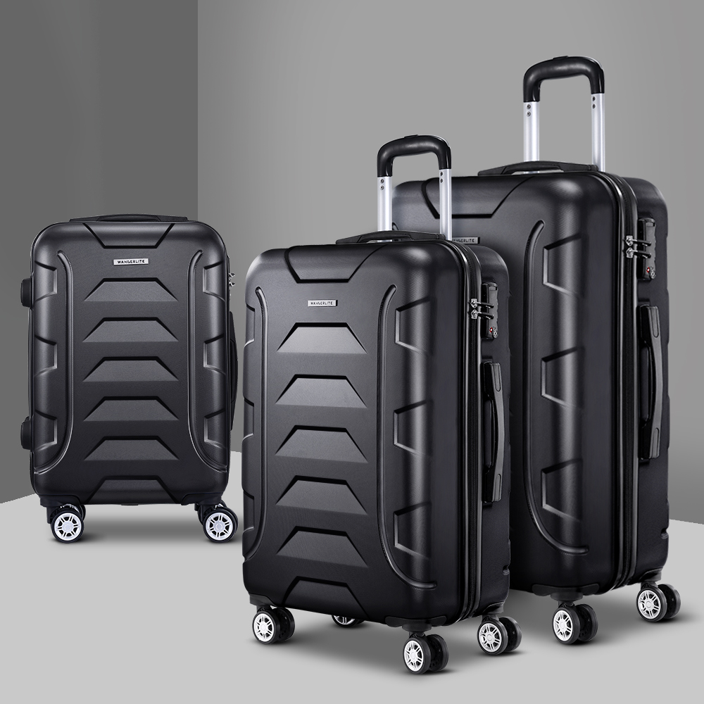 LUG-ABS-BOS-3SET-BK-18141-07 Wanderlite 3Set 20-24-28 Inch Luggage with TSA Lock Spinner Carry On Hard Shell Travel Suitcase Luggage Case Black - Image 1