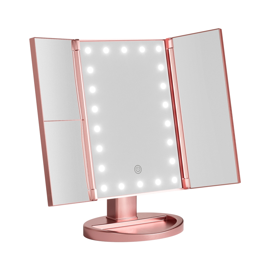 MM-E-TRI-3424LED-RGD-202503041146-00 Embellir Tri-fold Makeup Mirror 1X2X3X Magnifying with LED Light Travel Portable Pink - Image 1