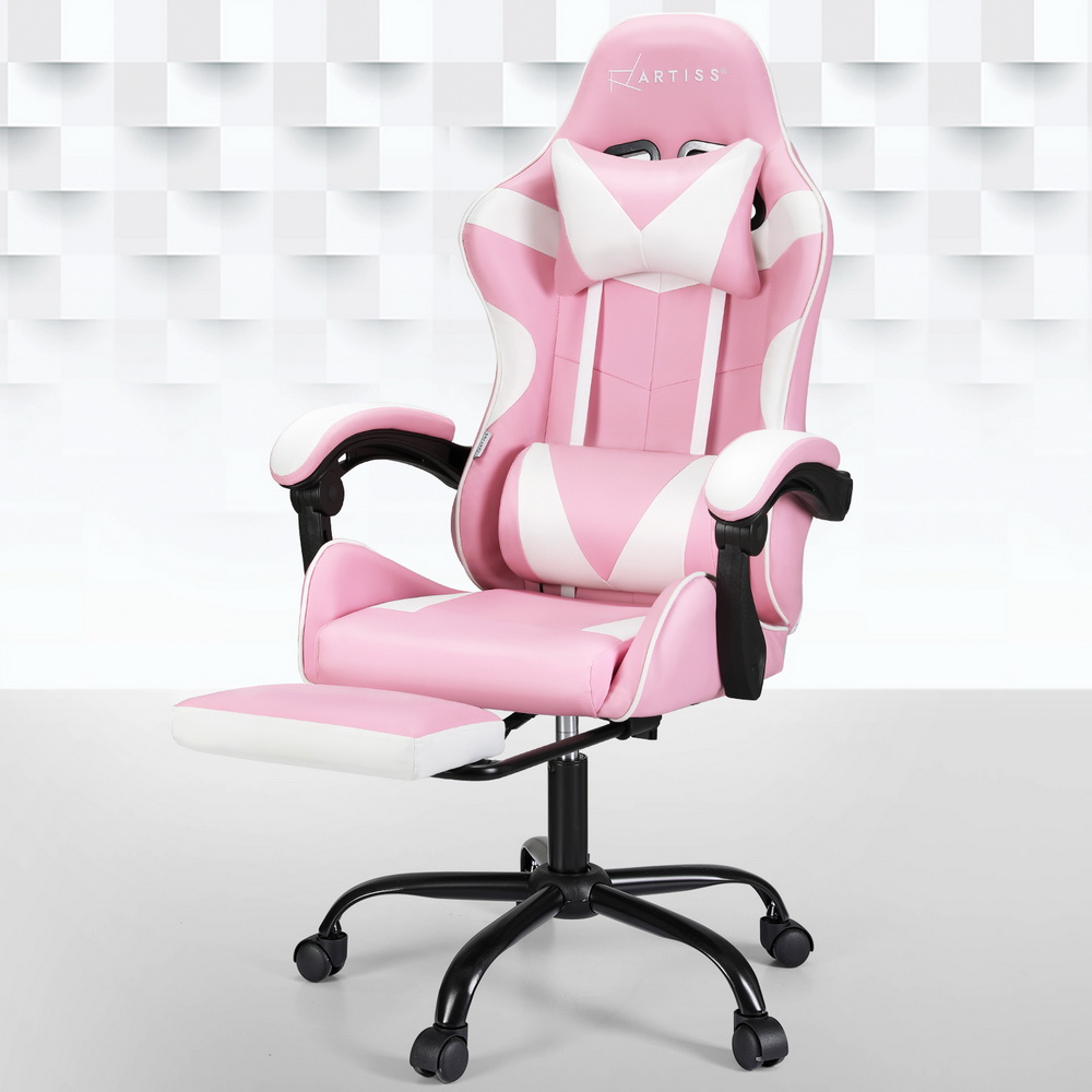 MOC-GC-2P-PK-WH-151221-06 Artiss 2 Point Massage Gaming Office Chair Footrest Pink - Image 1