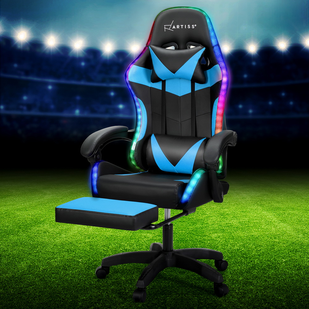 MOC-GC-6P-LED-BK-CY-151227-06 Artiss 6 Point Massage Gaming Office Chair 7 LED Footrest Cyan Blue - Image 1