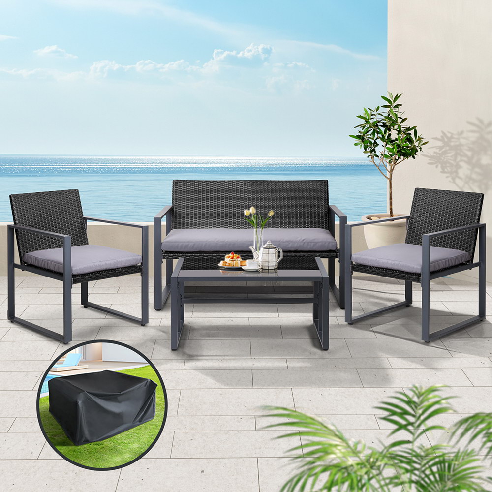 ODF-4PCS-BST03-BK-AB-COVER-53309-06 Gardeon 4 PCS Outdoor Sofa Set Rattan Furniture with Storage Cover Chairs Black - Image 1